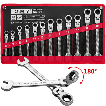SHZOND 12 Pcs Ratchet Wrench Set 8-19mm Metric Combination Spanner Flexible Head Wrenches Kit