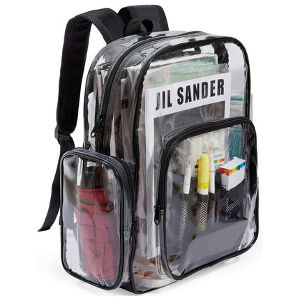 Sanmadrola Large Clear Backpack Heavy Duty Stadium Approved School Bookbag Waterproof PVC Transparent Backpacks for Kids Adults Clear Bag with Reinforced Strap for School, Travel, Black