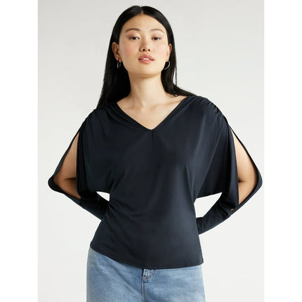 Scoop Women's Deep V-Neck Top with Batwing Sleeves, Sizes XS-XXL