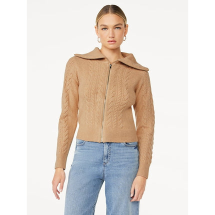 Scoop Women's Long Sleeve Zip Cable Knit Cardigan Sweater, Sizes XS-XXL