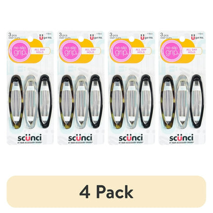(4 pack) Scunci Classic No-Slip Snap Clip Barrettes, Grey Steel, Deep Sand, and Tortoise Shell, 3 Ct