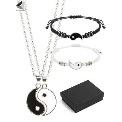 Sixtyshades 4 Pcs Yin Yang Necklace Bracelect for Couple Friends Best Jewelry Gifts Christmas Anniversary Valentine's Day