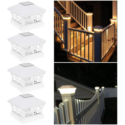 Solar Powered Outdoor Post Cap Lights - Bright Warm White Filament LED Fence Post Light for 4x4 PVC/Wood Posts - White (4 Pack)