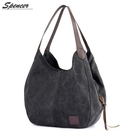 Spencer Women's Multi-pocket Shoulder Bag Fashion Cotton Canvas Handbag Tote Purse Satchel Travel Bag "Black"