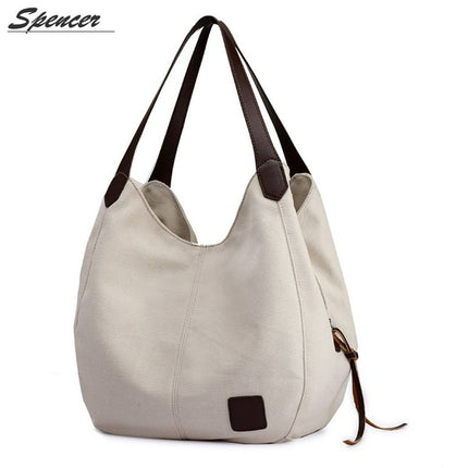 Spencer Women's Multi-pocket Shoulder Bag Fashion Cotton Canvas Handbag Tote Purse Satchel Travel Bag "White"