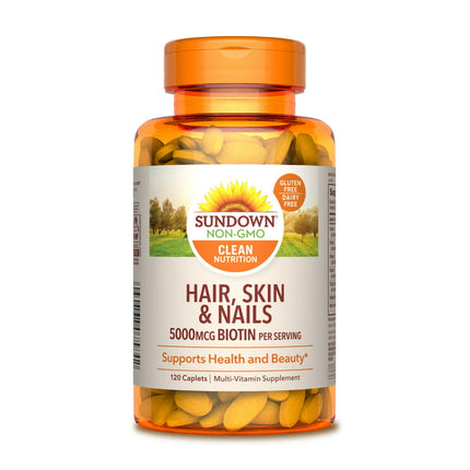 Sundown Hair, Skin And Nails, Biotin 5000 mcg, 17 Essential Nutrients to Support Health And Beauty, 120 Caplets