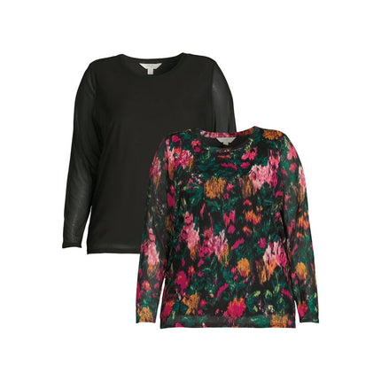 Terra & Sky Women's Plus Size Long Sleeve Mesh Top, 2-Pack