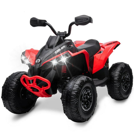 Tuekys Kids ATV, 12V Ride on Car Bombardier Licensed BRP Can-Am 4 Wheeler Quad Electric Vehicle with LED Lights, Full Metal Suspensions, Bluetooth, Music, USB, Treaded Tires, Red