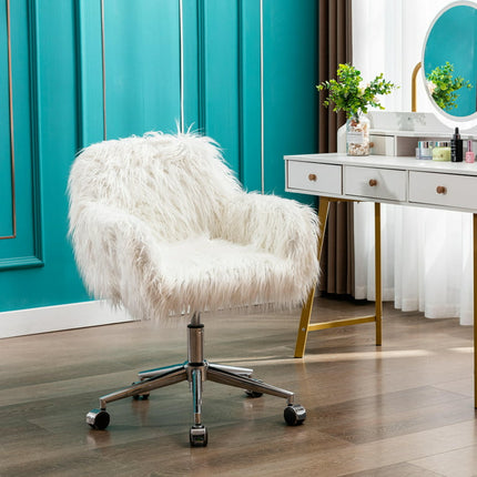 Vanity Chair with Back, Fluffy Desk Chairs for Adults, Swivel Adjustable Office Chair, White Armless Desk Chair, 360° Rotation Girls Women Swivel Make Up Vanity, TE560
