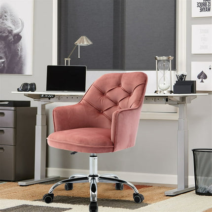 Vanity Makeup Chair, Velvet Office Chair on Wheels, Low-Back Computer Desk Chair, 360° Rotation and Adjustable Height, Pink Swivel Makeup Chair, TE502