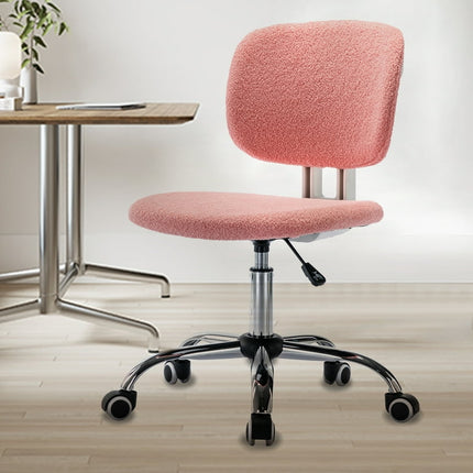 Vanity Makeup Chair, Velvet Office Chair on Wheels, Low-Back Computer Desk Chair, 360° Rotation and Adjustable Height, Pink Swivel Makeup Chair