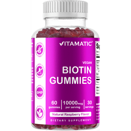Vitamatic Biotin Gummies 10,000 mcg for Stronger Hair, Skin & Nails - 60 Vegan Gummies - Also Called Vitamin B7