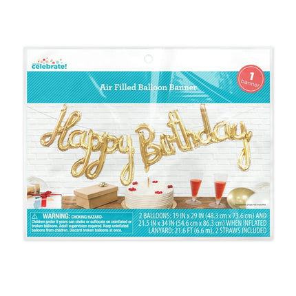 Way To Celebrate! Air Filled Happy Birthday Foil Balloon Banner, Gold
