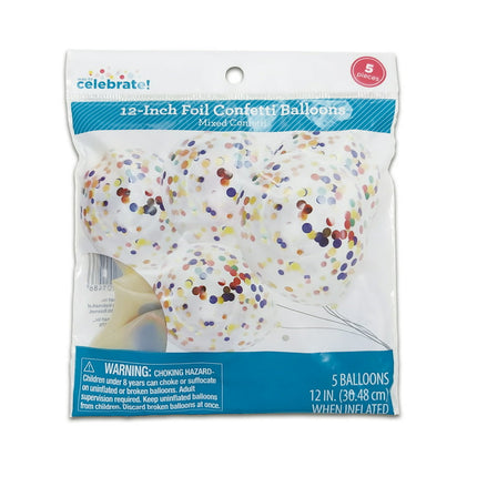 Way to Celebrate! 12inch Birthday Party Decoration Multi-Color Foil Confetti Balloons, 5 Counts