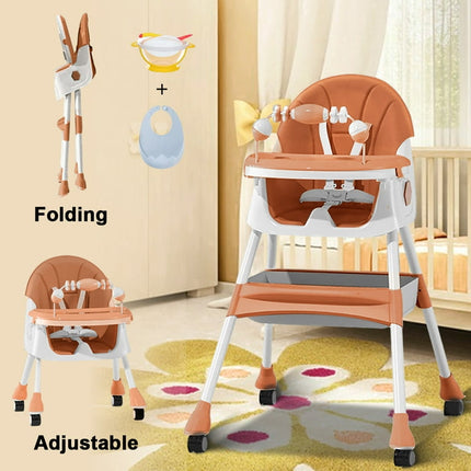 XUDREZ 4-in-1 Baby High Chair Portable Baby Dining Chairs Eat & Play Convertible High Chair with Five-point Snap Button, Double-layer Dinner Plate and Toy Rack, Brown