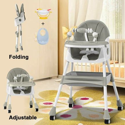 XUDREZ 4-in-1 Baby High Chair Portable Baby Dining Chairs Eat & Play Convertible High Chair with Five-point Snap Button, Double-layer Dinner Plate and Toy Rack, Gray