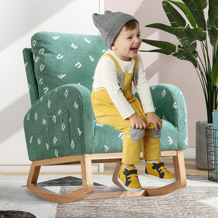 GUHOME 26.8"W Modern Rocking Chair Nursery Rocking Armchair With Side Pocket Upholstered High Back Wooden Rocking Chair for Living Room Baby Kids Room Bedroom