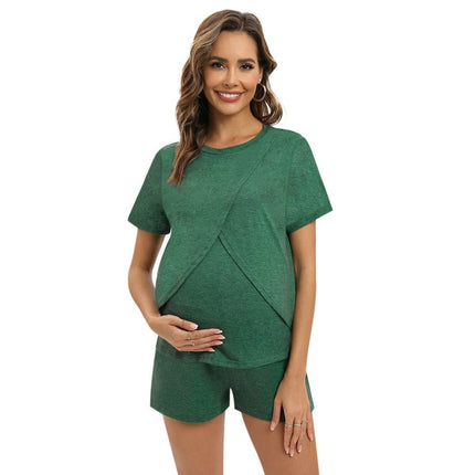 Baywell Women's Maternity Nursing Pajama Set 2 Piece Short Sleeve Top and Shorts Sleepwear Breastfeeding Sleepwear Pregnancy Green S-2XL
