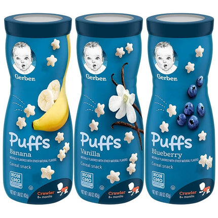Gerber Graduates Puffs Cereal Variety Pack, 1 Banana, 1 Vanilla, 1 Blueberry, 1.48 oz (3 CT)