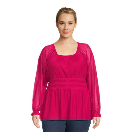 Terra & Sky Women's Plus Size Smocked Waist Mesh Blouse