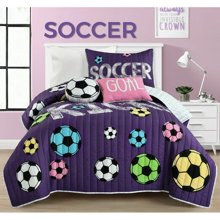 Lush Decor Girls Soccer Kick Kids Reversible Quilt, Twin, Purple, 4-Pc Set