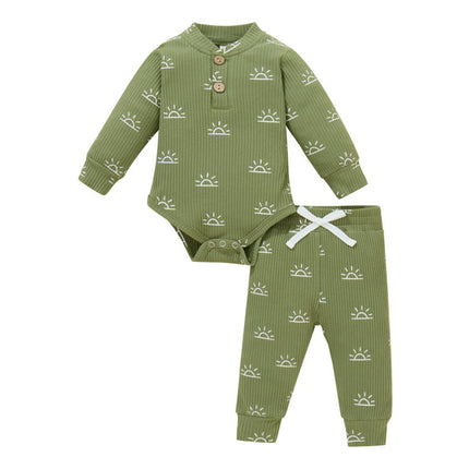 jaweiwi 2 Pcs Newborn Sun Print Outfits Set, Toddler Ribbed Long Sleeve Round Neck Bodysuit + Trousers with Bow,Size 0 6 9 12 18 M