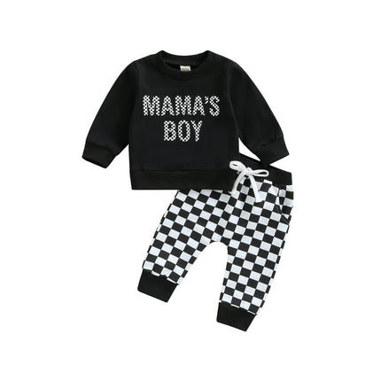 jaweiw Baby Boy Long Sleeve Tops + Pants Outfits Set, Letter Checkerboard Print Elastic Waist Drawstring Spring Fall Clothing,Size 0 6 12 18 24 M 3 Years