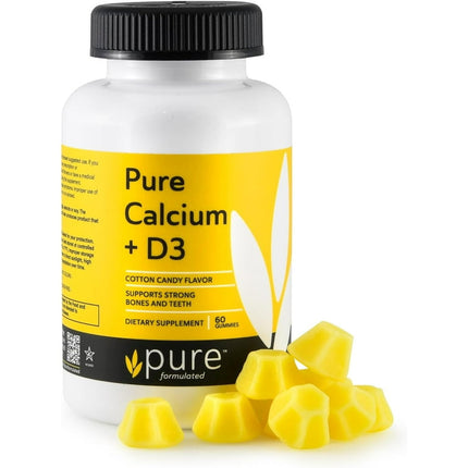 pure formulated Chewable Calcium 170 mg with Vitamin D3 Gummies - Vegan Calcium Supplements for Strong Bones & Teeth Support - Gluten-Free, Dairy-Free, Kosher (60 Gummies)