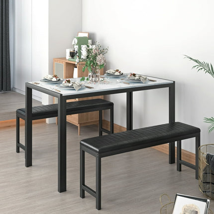 uhomepro Dining Room Table Set, 3-Piece Marble Top Breakfast Nook Dining Table Set with 2 Upholstered Benches, Kitchen Table Set with Metal Frame, Modern Furniture for Home Cafeteria, White