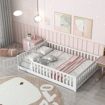 uhomepro Full Size Wood Floor Bed Frame with Fence and Door for Kids, Toddlers, White