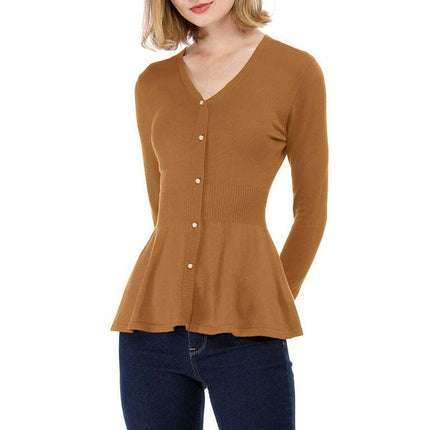 Allegra K Women's V Neck Long Sleeve Ribbed Pullover Knitted Peplum Sweater