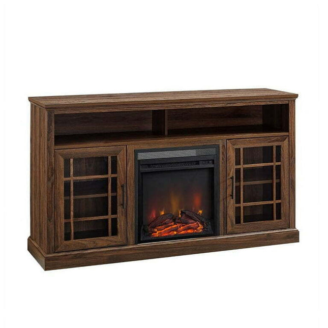 Pemberly Row 58" Classic Glass Door Highboy Fireplace TV Stand in Dark Walnut