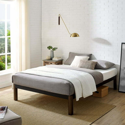 Mainstays Wood Slat Black Metal Platform Bed Frame with Wood Legs, Queen
