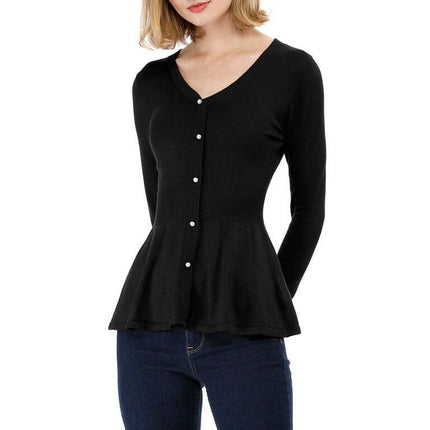 Allegra K Women's V Neck Long Sleeve Ribbed Pullover Knitted Peplum Sweater