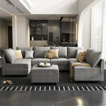 HONBAY Modern Living Room Furniture Sofa Set with Storage Ottomans, Grey