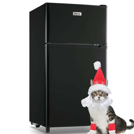 WANAI 3.5 Cu.ft Double Door Mini Fridge with Freezer Side Door Wire Rack Black