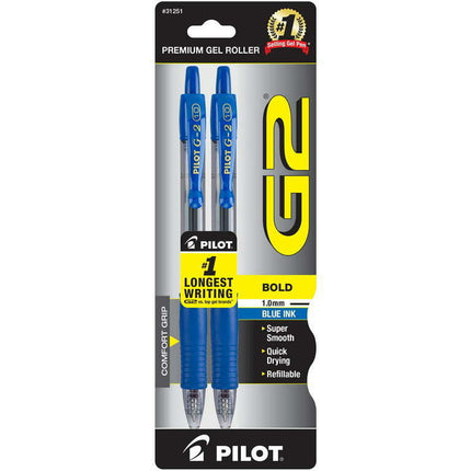 Pilot G2 Retractable Gel Pens, Bold Point, Blue, 2 Pack, 17510782