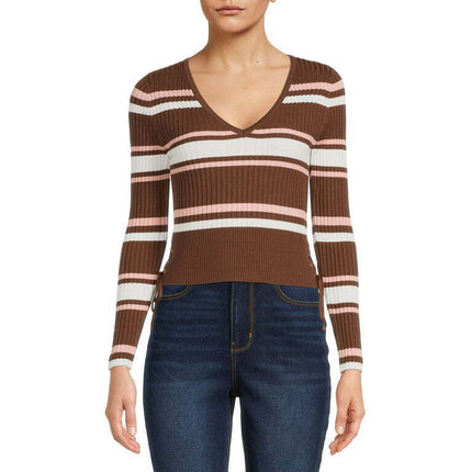 No Boundaries Junior's Stripe V-Neck Sweater