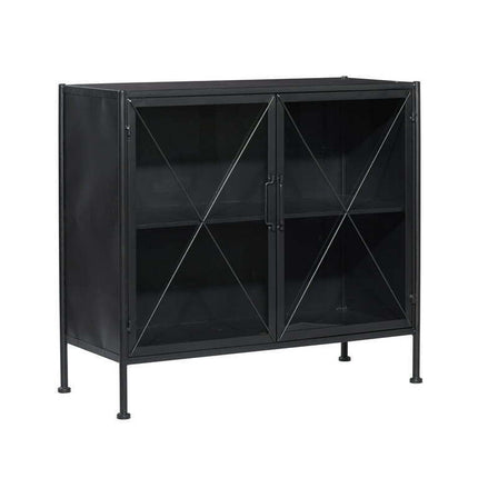 DecMode 33" x 29" Black Metal Geometric Cabinet with Glass Front Panels, 1-Piece