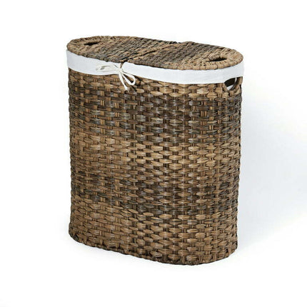 Seville Classics Hand-Woven Oval Double Laundry Hamper with Liner, Mocha