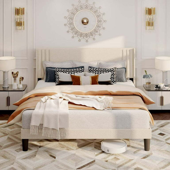 Lofka Queen Bed Frame with Wing Back Upholstered Headboard Beige Finish