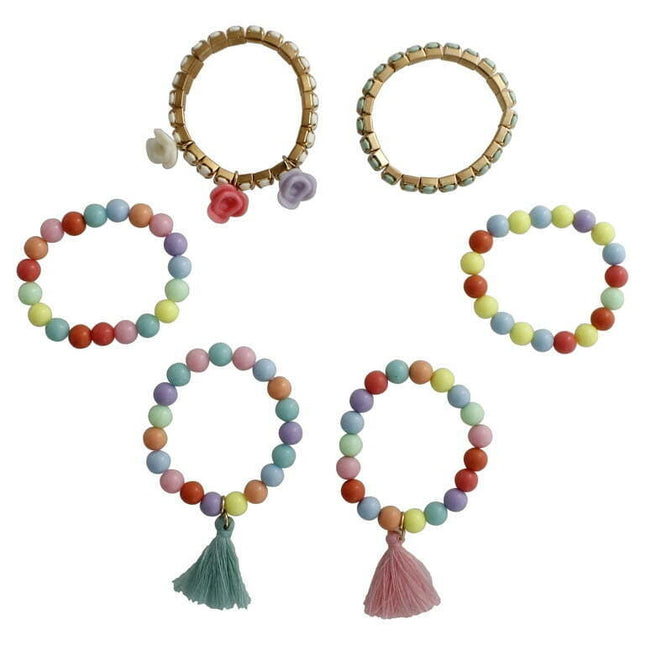 Wonder Nation Pastel Multicolor Beaded and Rose Tassel Stretch Bracelets, 6 Pack