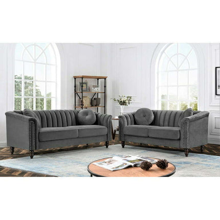 US PRIDE FURNITURE Hills Tufted Back Nailhead 2PCS Living Room set-Grey