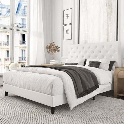 Amolife King Bed Frame with Headboard, Diamond Button Tufted Style, White