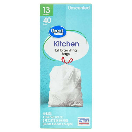 Great Value 13-Gallon Drawstring Tall Kitchen Trash Bags, Unscented, 40 Bags