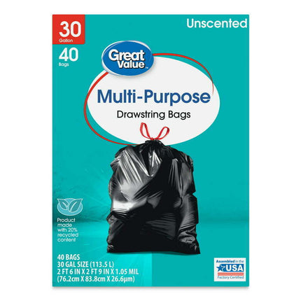 Great Value 30-Gallon Drawstring Multi-Purpose Trash Bags, 40 Bags