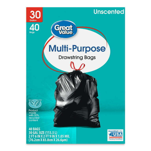 Great Value 30-Gallon Drawstring Multi-Purpose Trash Bags, 40 Bags
