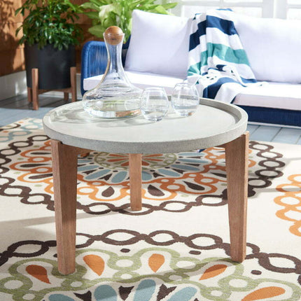 SAFAVIEH Valton Outdoor Patio Round Side Table, Natural/Light Grey