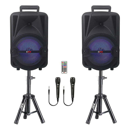 QFX PBX-800TWS Rechargeable Bluetooth Speaker, Microphone, & Stand, Set of 2