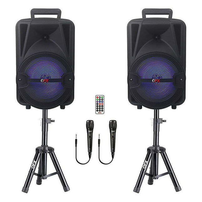 QFX PBX-800TWS Rechargeable Bluetooth Speaker, Microphone, & Stand, Set of 2